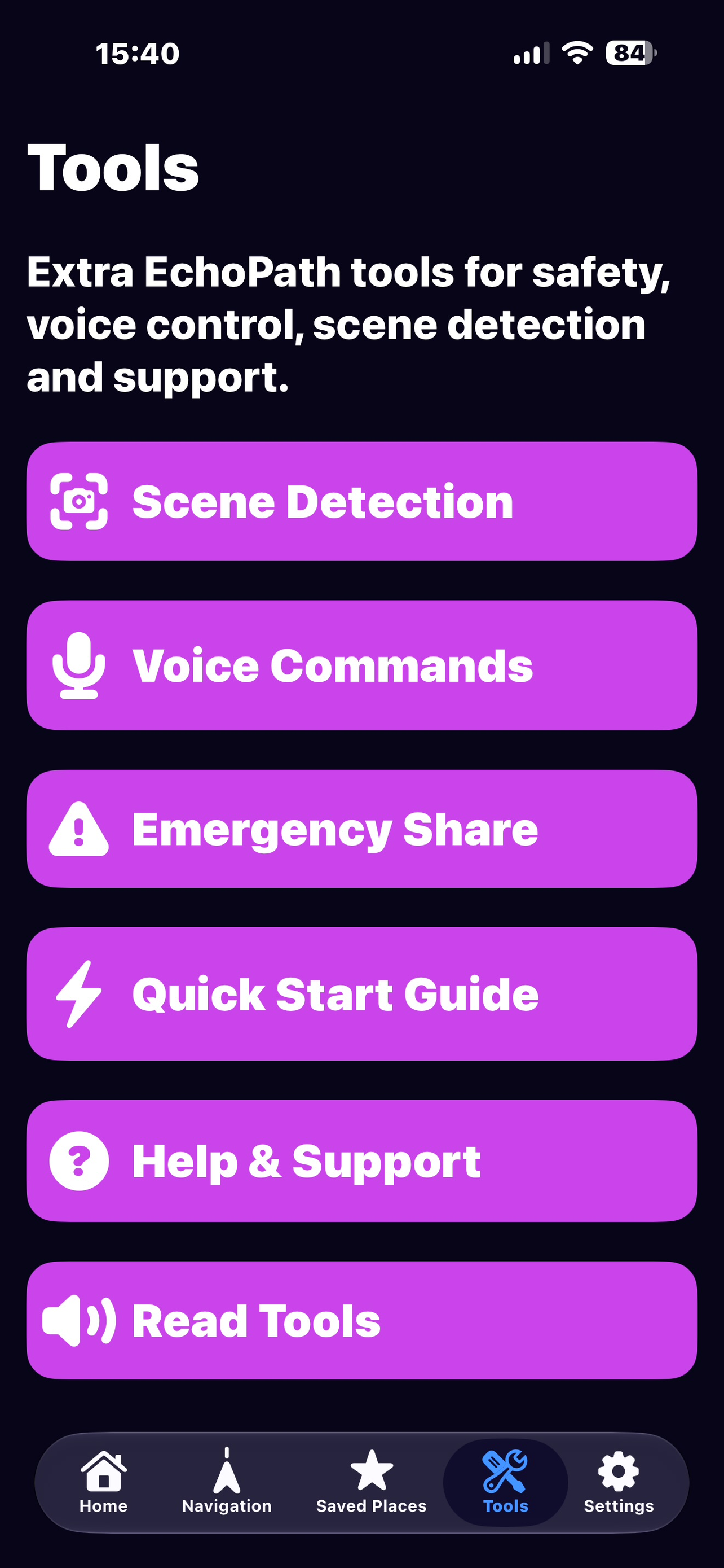 EchoPath tools screen showing accessibility and safety tools.